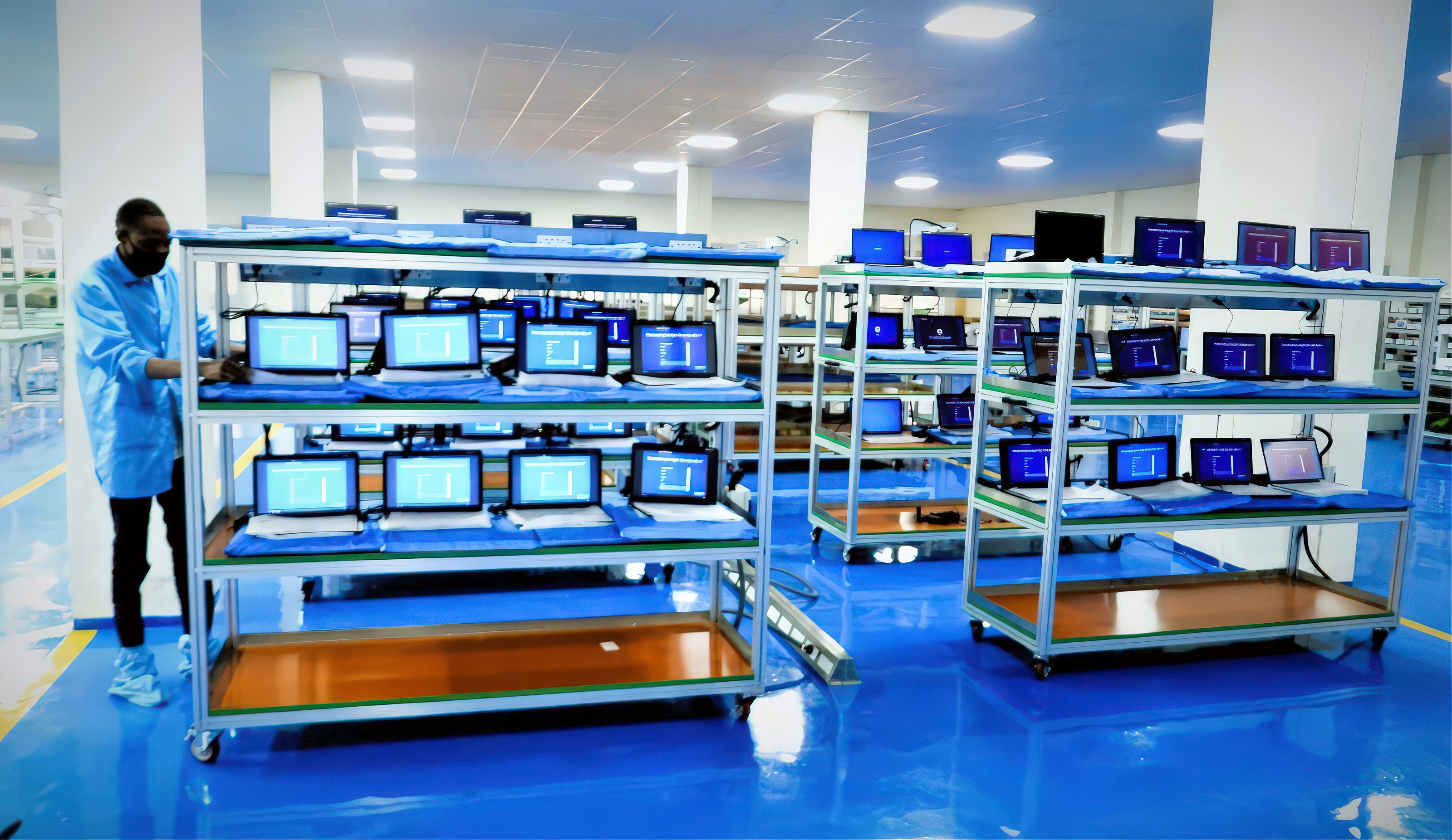 Employé horizon industries assemblant des équipements électroniques en laboratoire